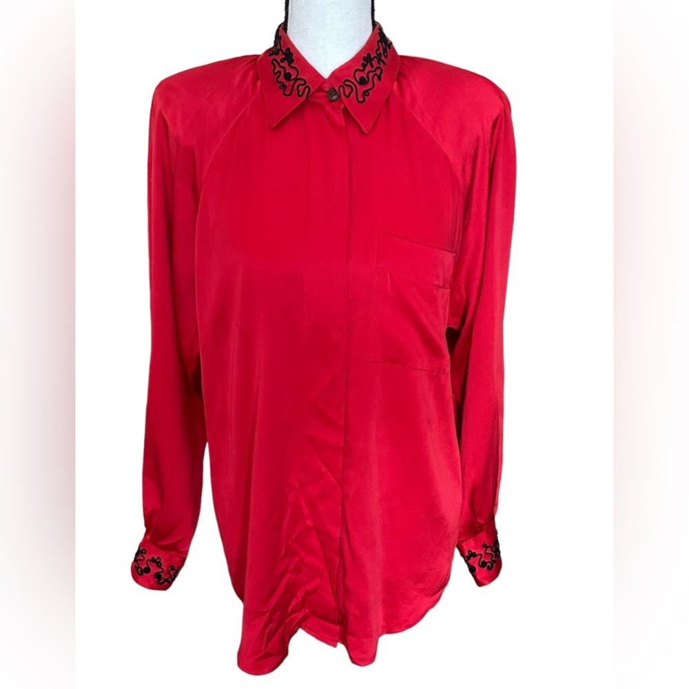 Vintage Lillie Rubin Red/Black 100%‎ Silk Embroidered Long Sleeves Blouse Sz 6